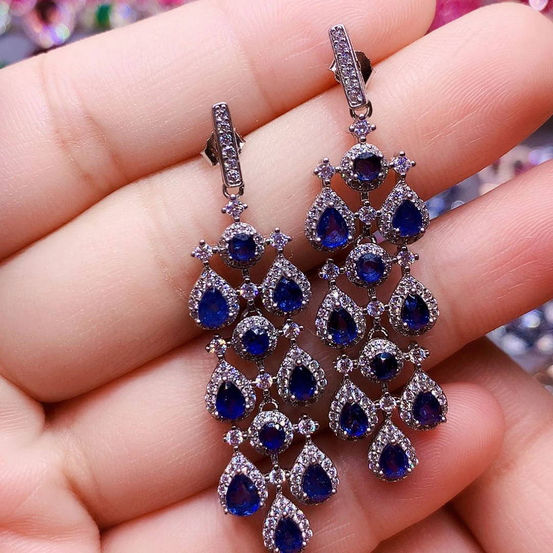 耳饰蓝宝石银S925镶嵌