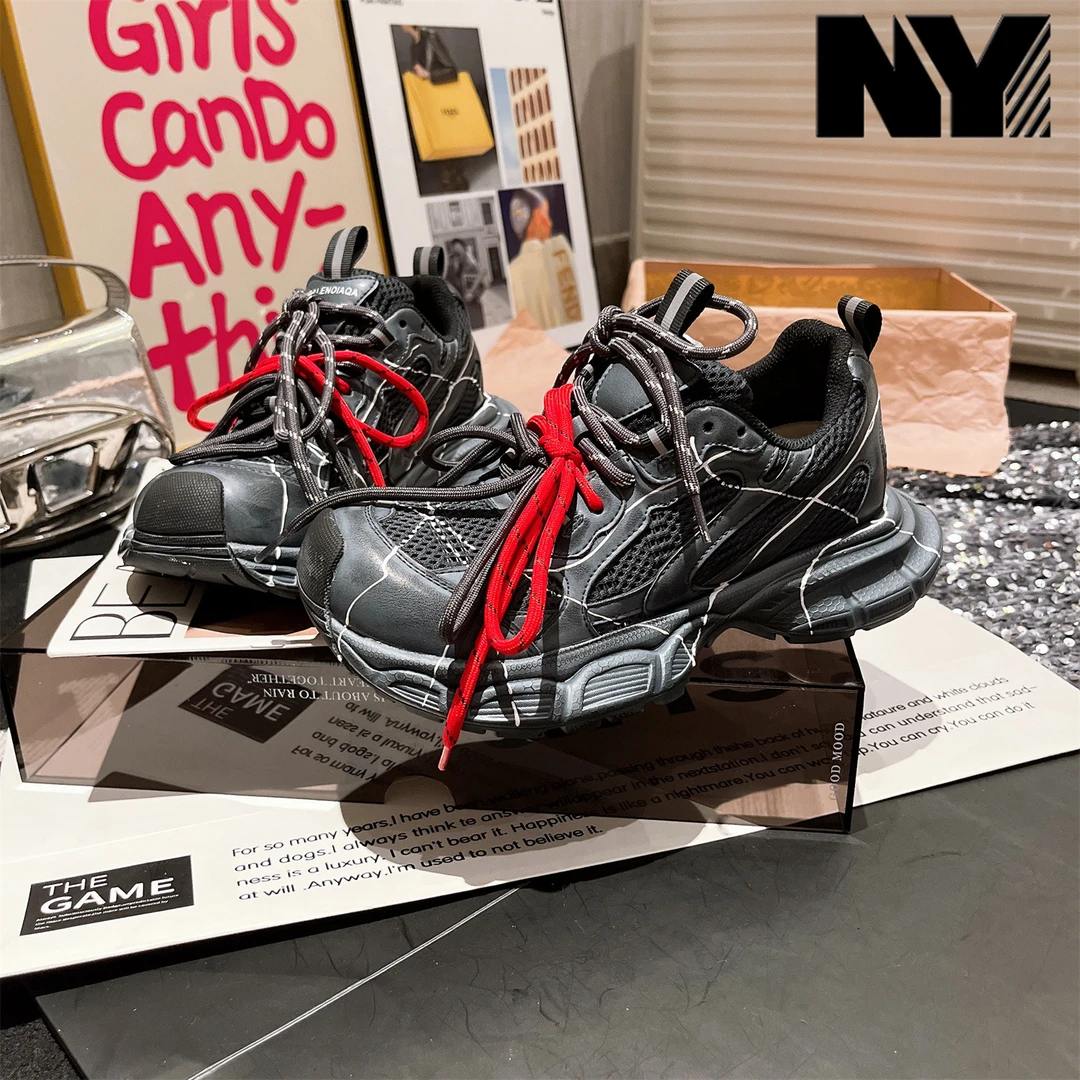 NY品牌老爹鞋ins超火撞色厚底松糕双系带做旧擦色运动鞋休闲鞋女