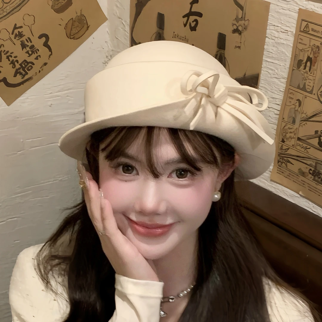 秋冬显脸小羊毛卷边礼帽蝴蝶结毛呢渔夫帽时尚百搭方圆脸千金帽子
