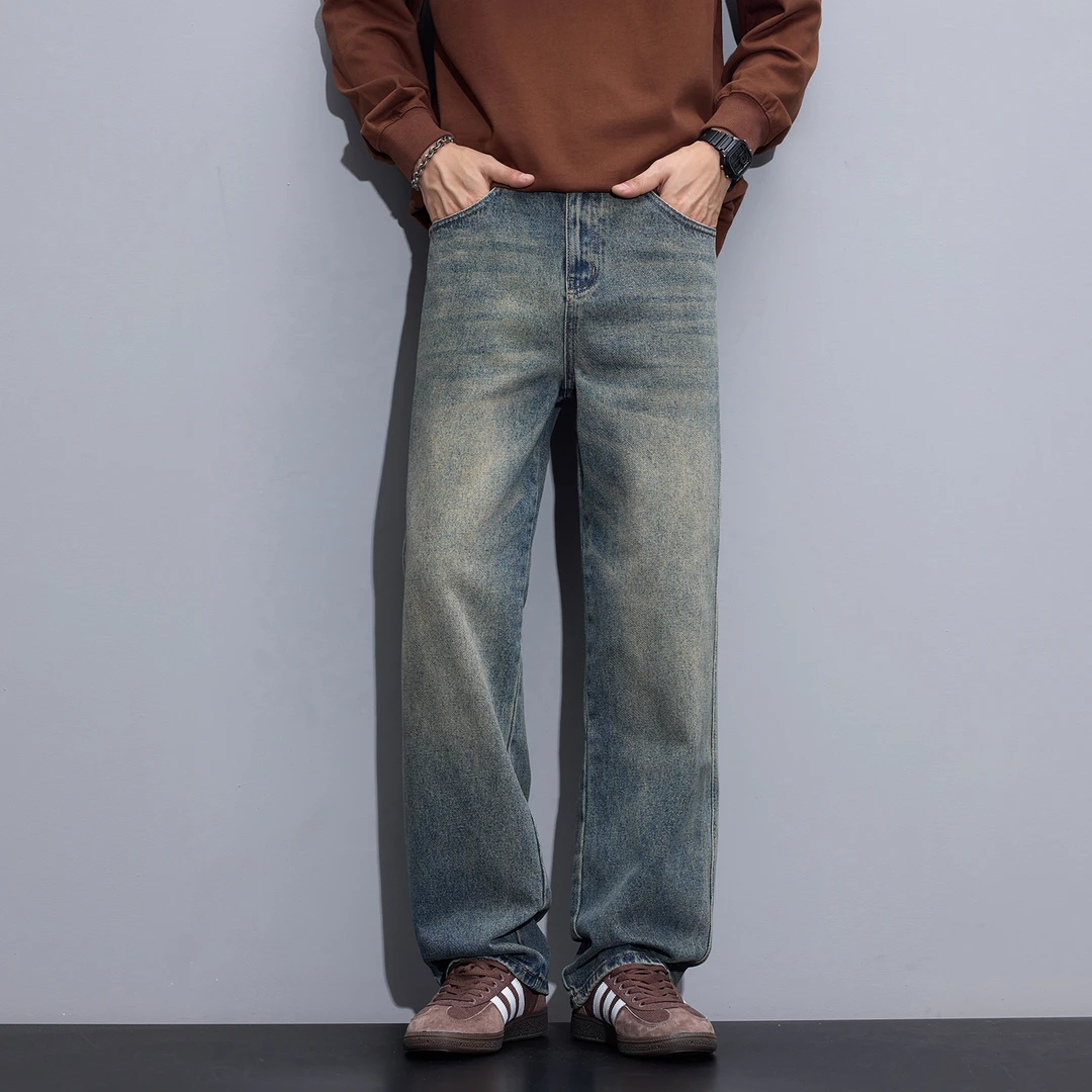 Kuvine水洗怀旧牛仔裤男生宽松阔腿2025年秋季新款帅气百搭男裤子