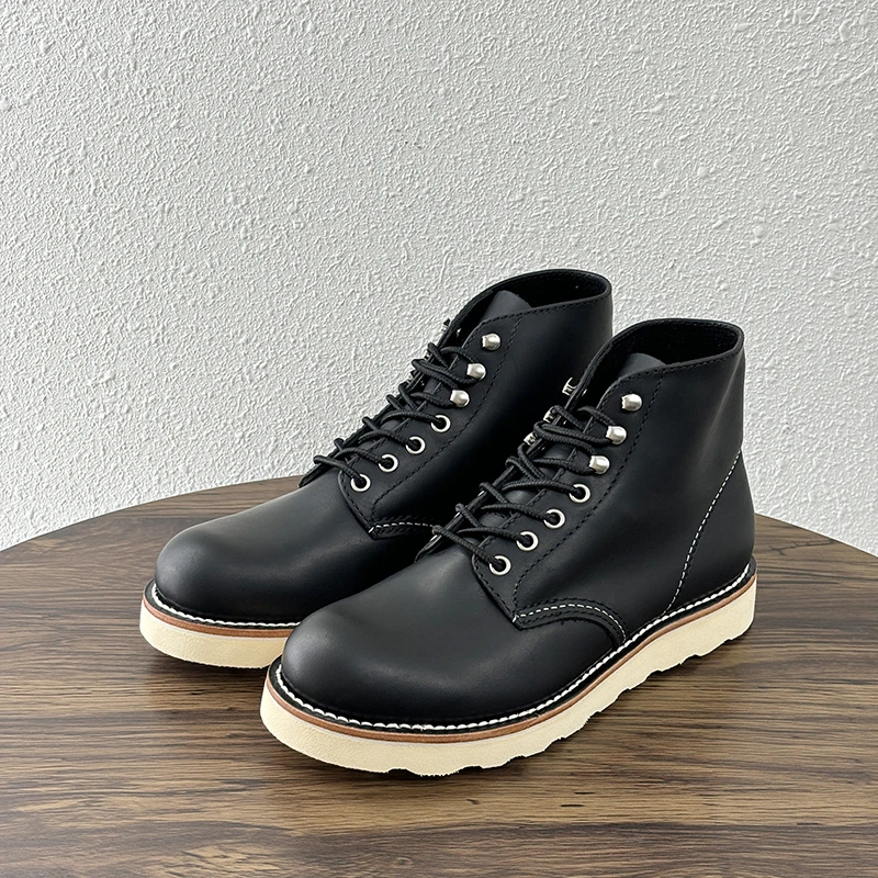 美产全粒面皮9111固特异工装靴美式复古头层牛皮黑色圆头工装靴子