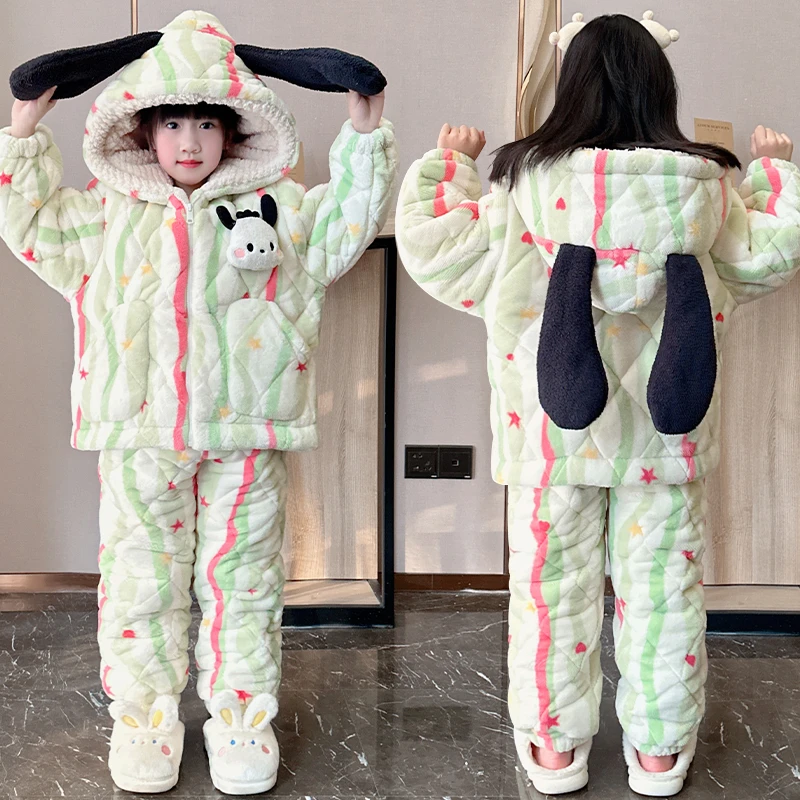 新款儿童睡衣冬季法兰绒三层夹棉女童加绒加厚亲子洋气母女家居服