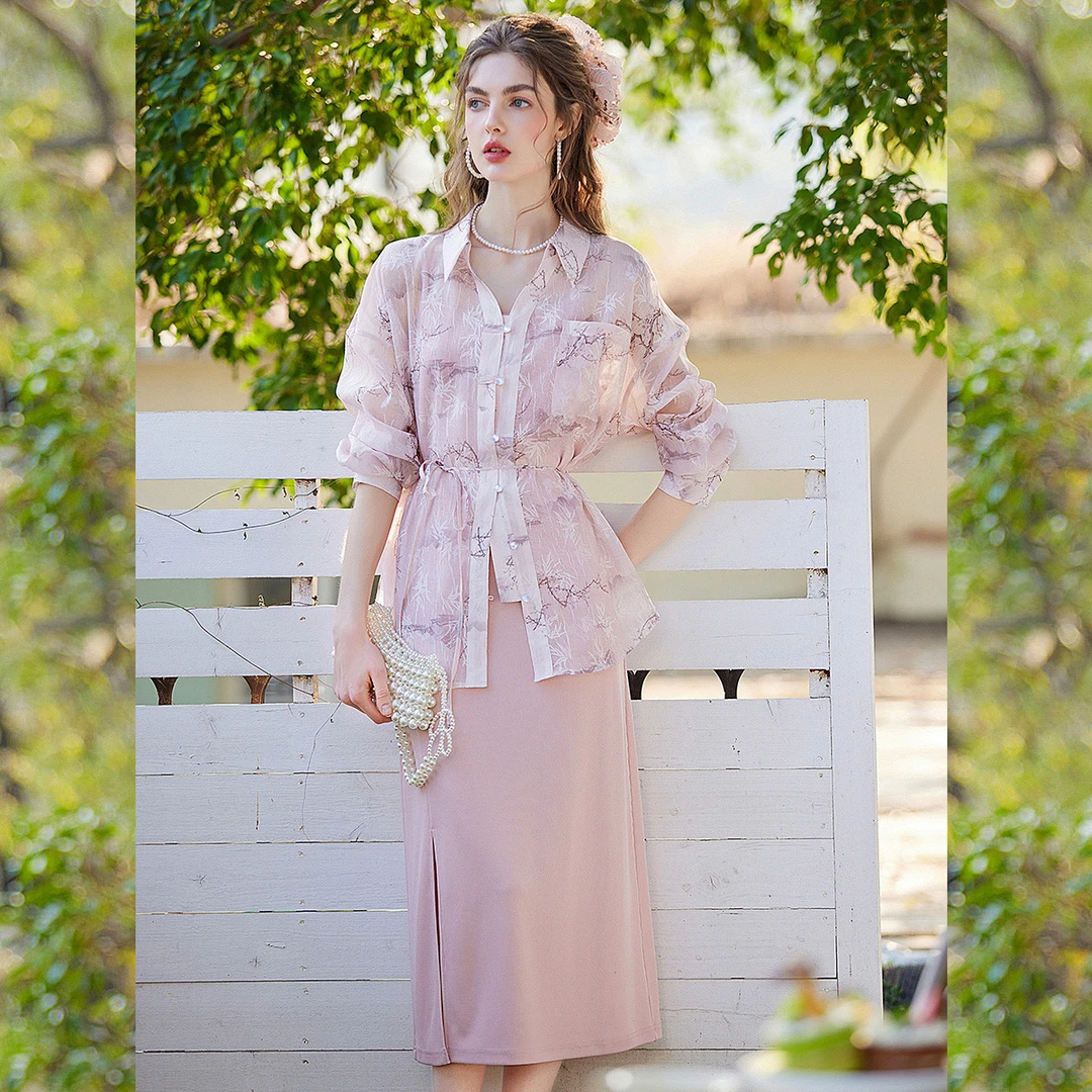 白鹿语时尚长款吊带连衣裙翻领衬衫女式两件套套装BY20075