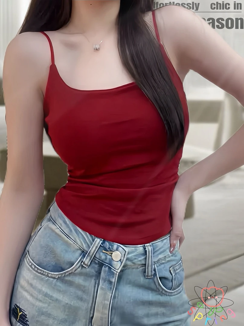 新款纯欲甜辣设计感褶皱背心女带胸垫外穿修身背心女外穿