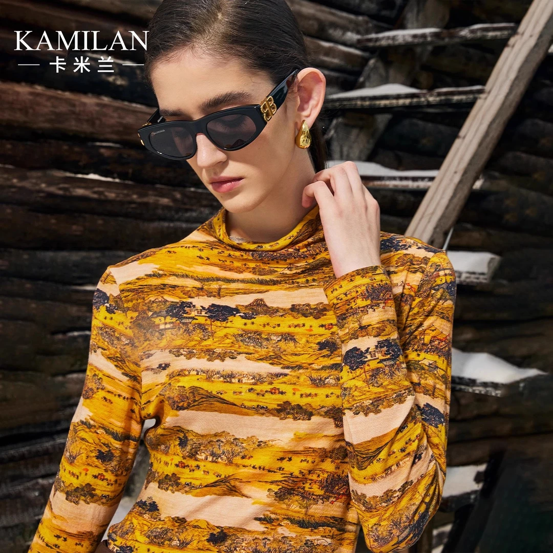 卡米兰法式复古毛衣女2024年秋冬新款时尚半高领印花打底衫上衣