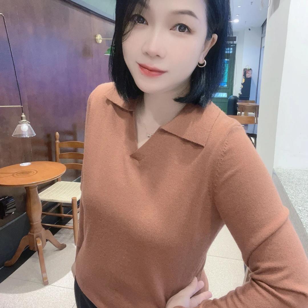 5525秋冬上新针织常规袖长袖女POLO领琥珀流光黑色秋冬针织衫网红