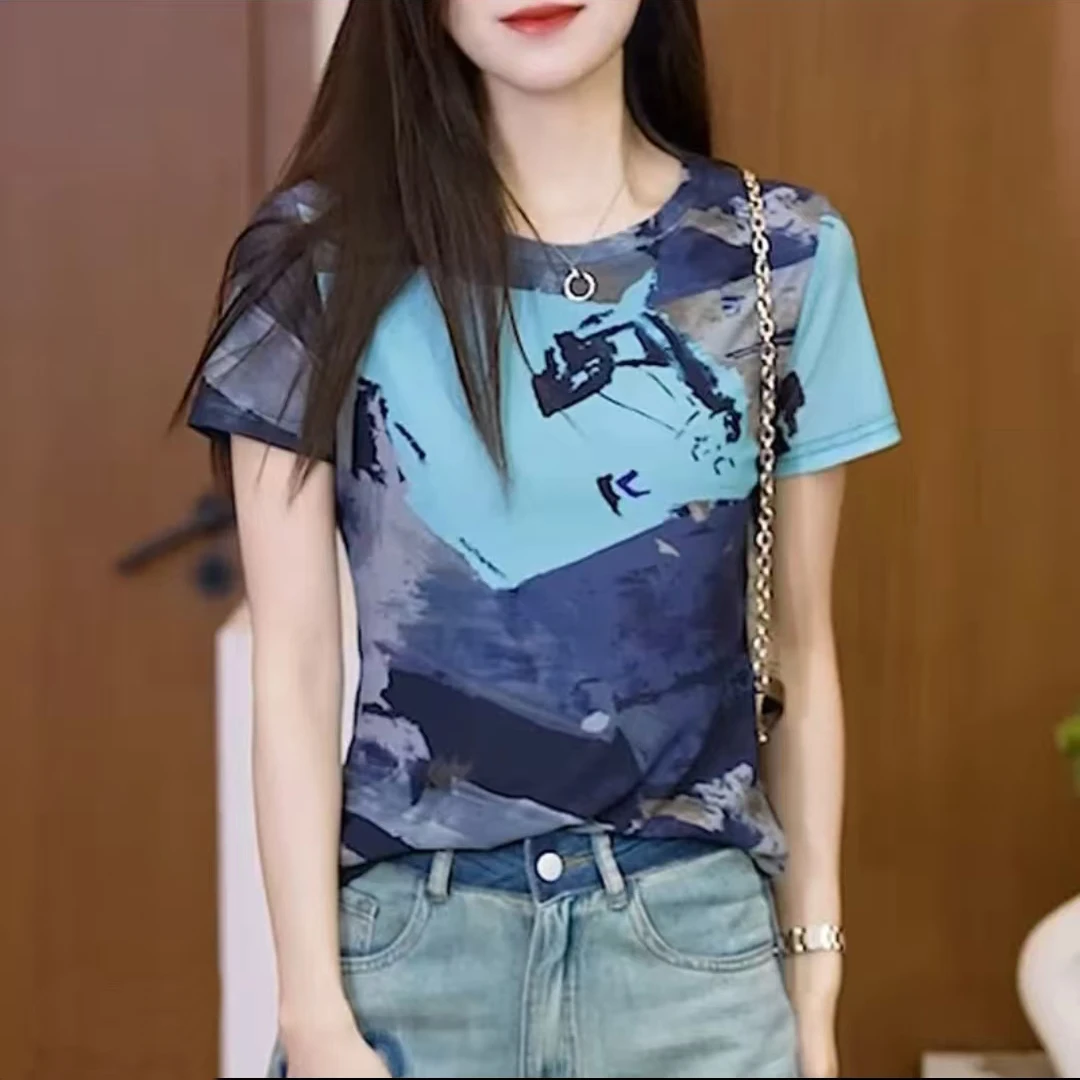 显瘦撞色短袖T恤女2025新款时尚圆领打底上衣潮夏季水墨印花百搭