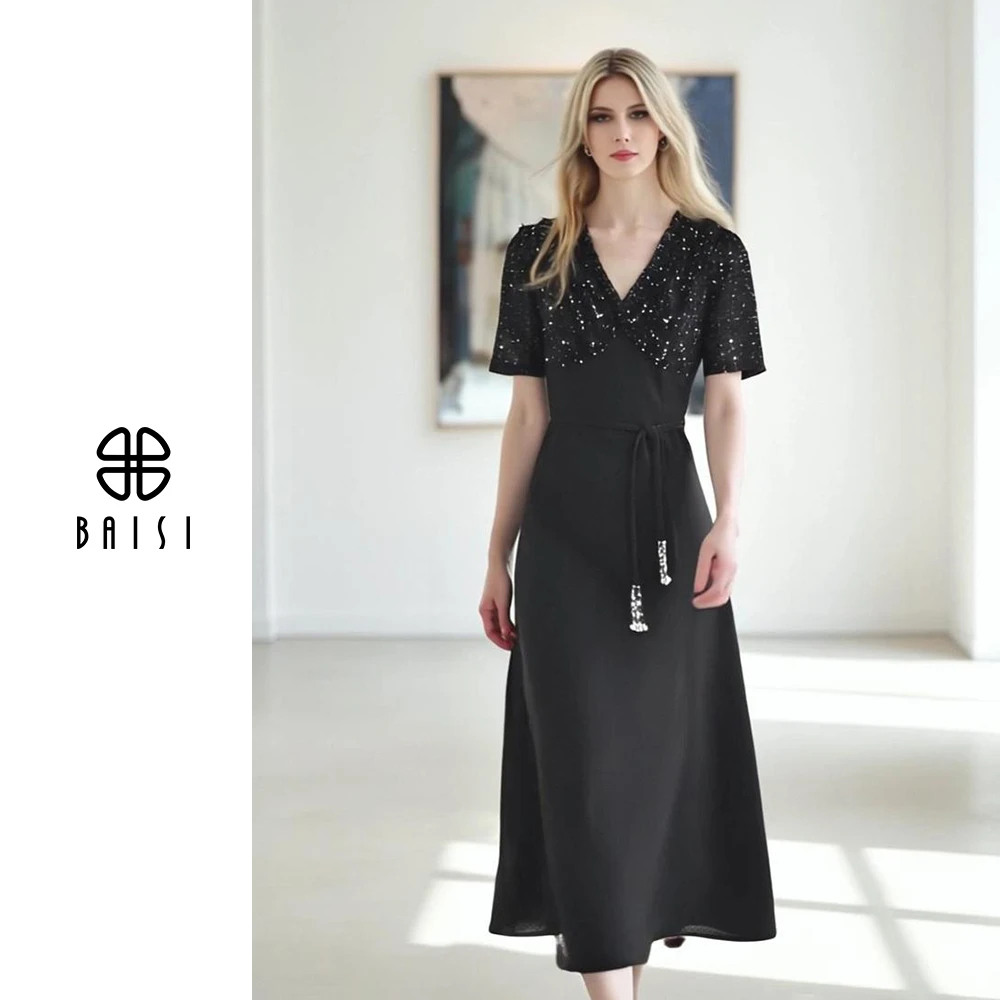 BAISI/百丝微胖遮胯连衣裙长裙短袖时尚赫本风V领夏季连衣裙