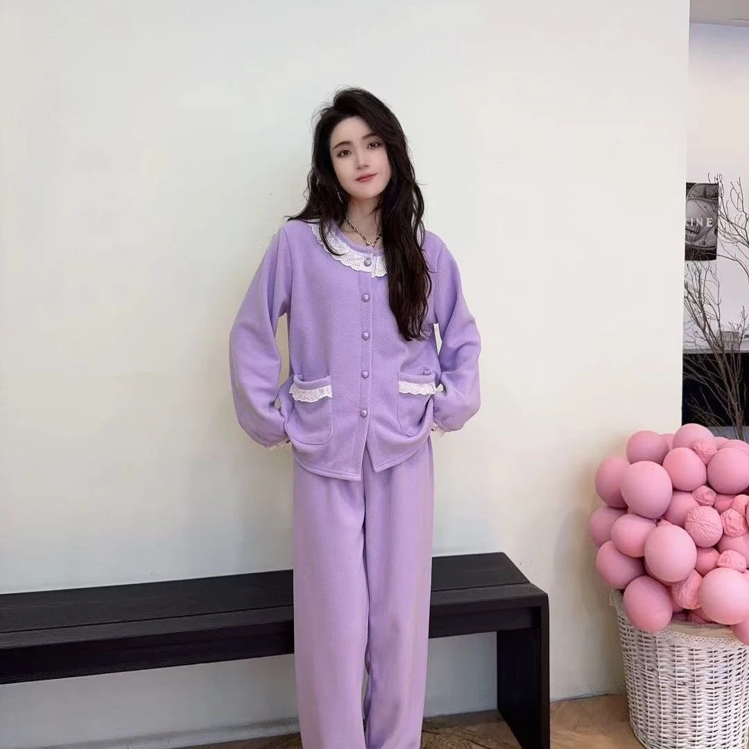 1027新款加绒加厚蕾丝花边圆领长袖家居服套装可外穿