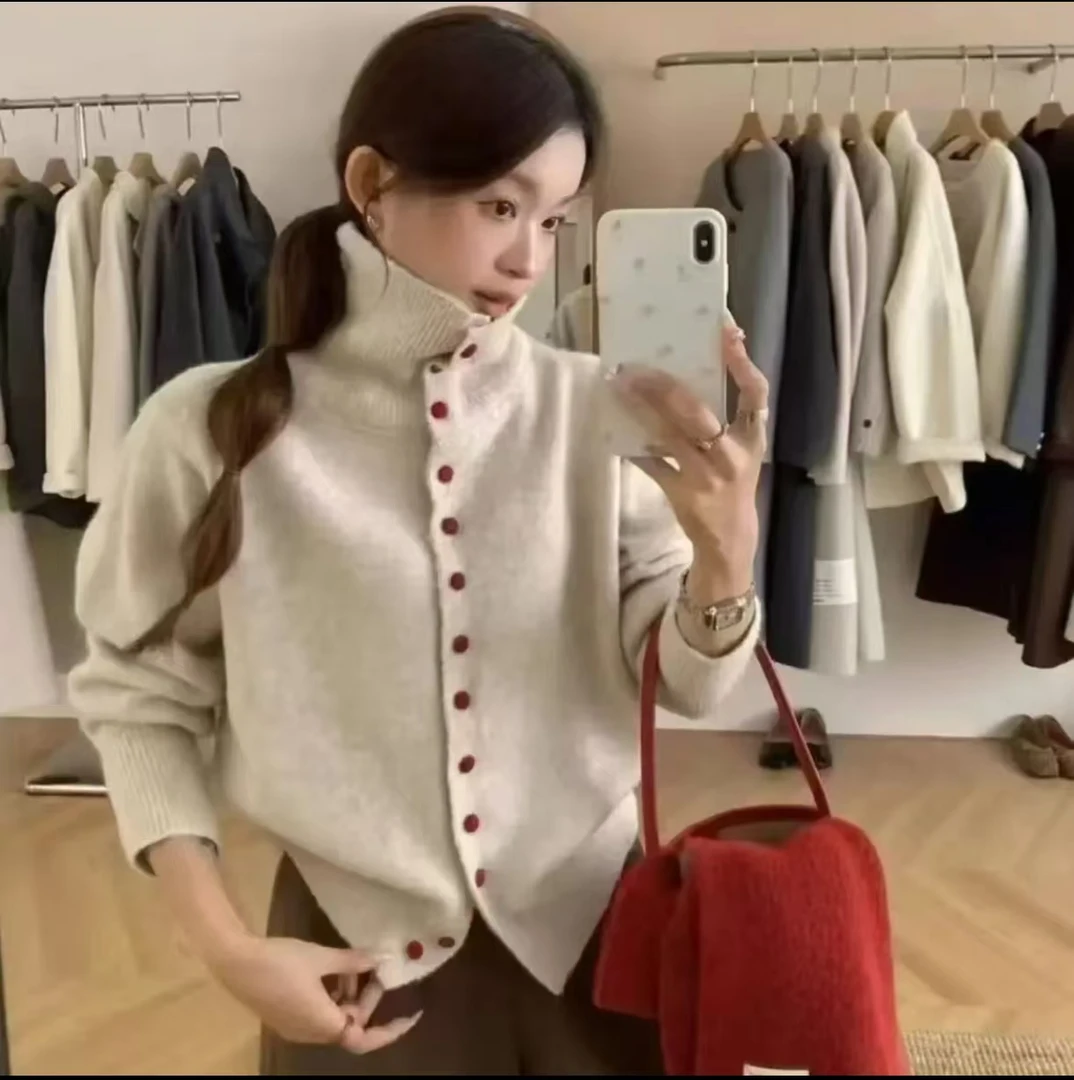 【退运补】Y 慵懒风秋冬高领红扣毛衣开衫外套女小众针织衫 五色