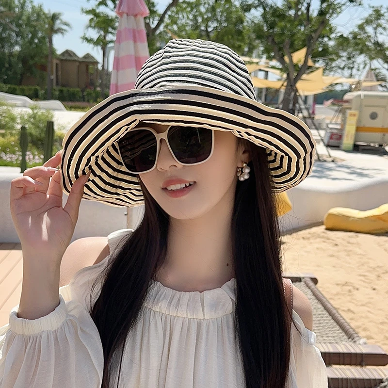 韩系复古条纹渔夫帽女夏季大帽檐前长后短可折叠防晒帽户外遮阳帽