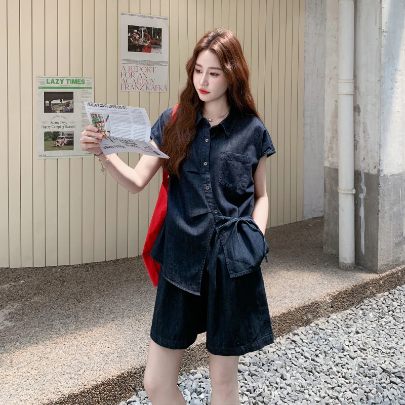 法式复古牛仔短裤套装女2025夏季新款小个子不规则衬衫上衣两件套