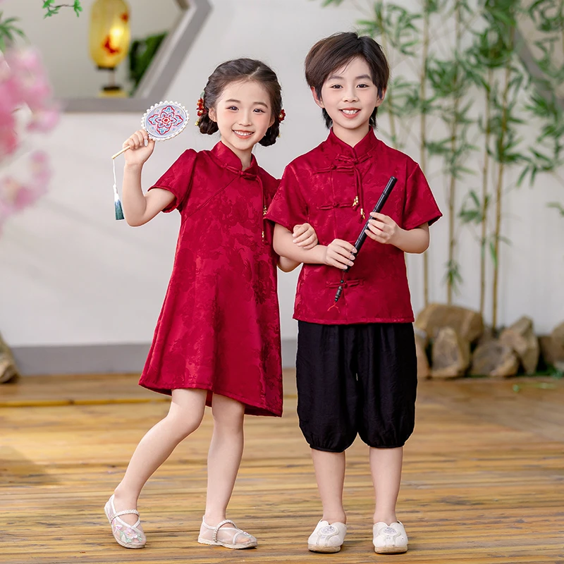 六一儿童国风汉服男童新中式女童旗袍周岁礼服古装夏装薄唐装红色