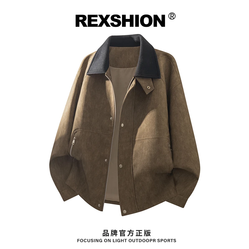 REXSHION秋季新款翻领机车皮夹克男美式复古工装潮流休闲宽松外套