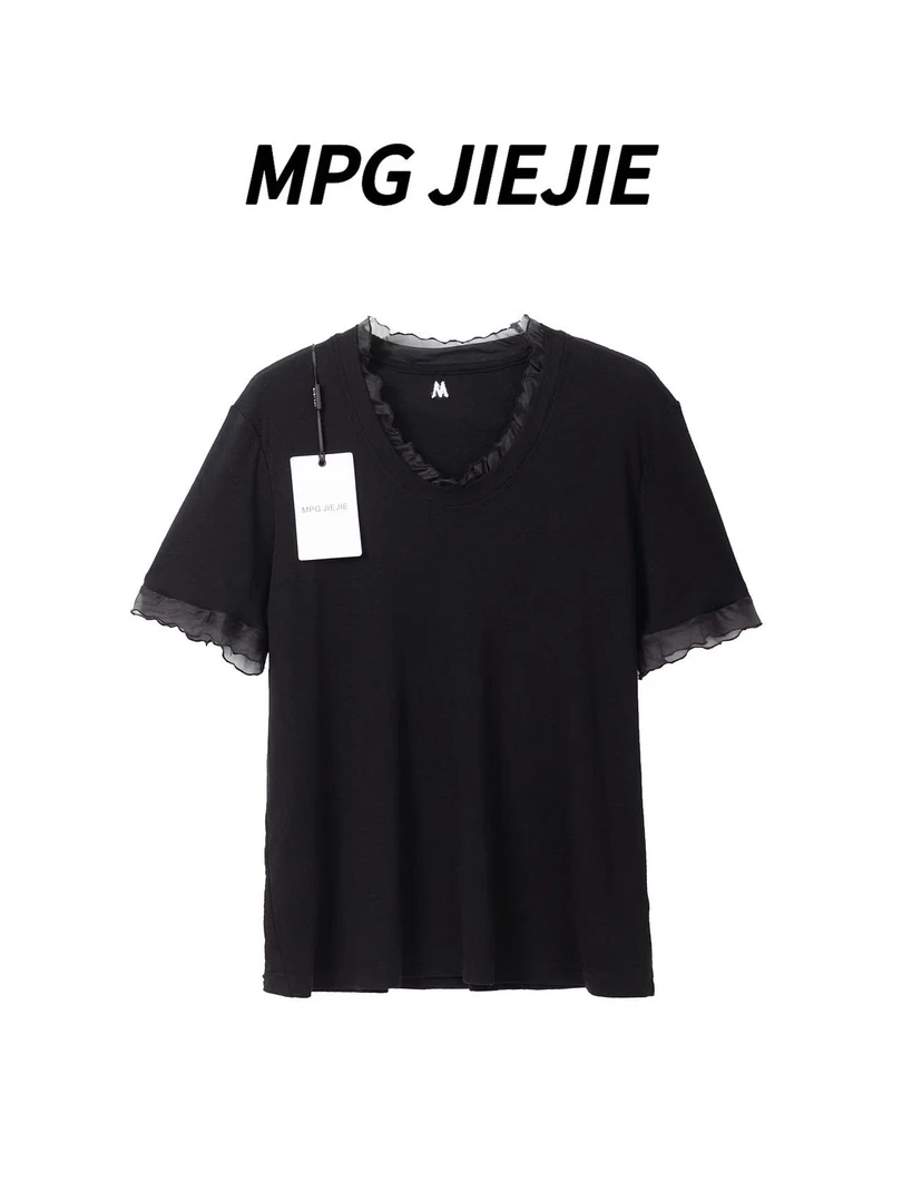 MPG JIEJIE【初见欢喜】25春夏大码法式V领波浪花边正肩刺绣T恤上衣