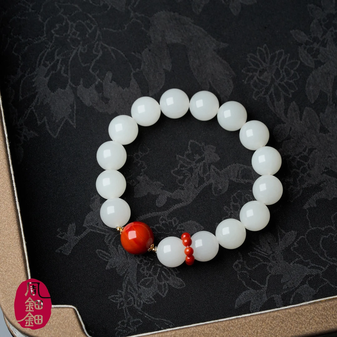 周钿钿®|朝阳|天然和田玉羊脂白玉天然南红18k金设计款手串