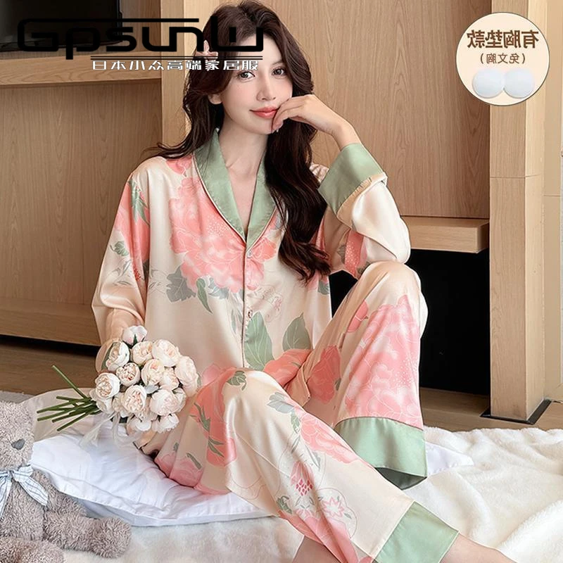 gpsunlu睡衣女春秋带胸垫高级感新中式长袖国风家居服可外穿薄款