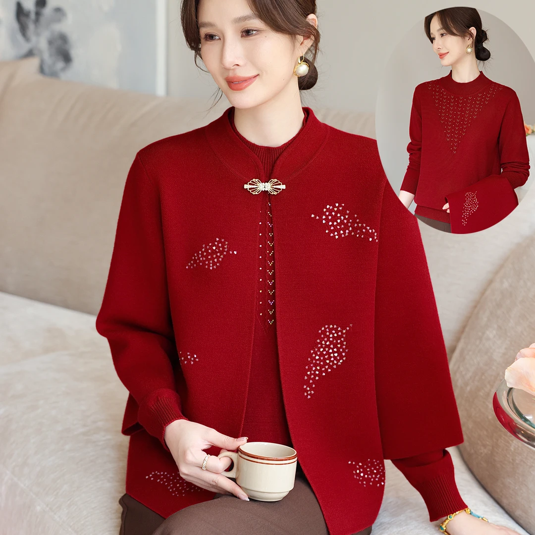 洋气婆婆针织衫老年人套装春秋新款妈妈装外套奶奶毛衣两件套