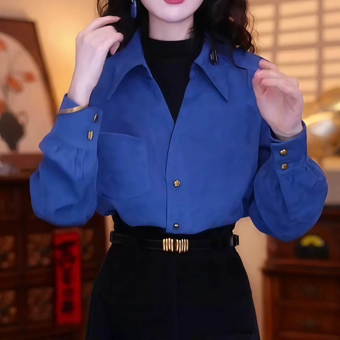 港味复古假两件长袖衬衫女2025秋季新款设计感小众气质通勤衬衣女