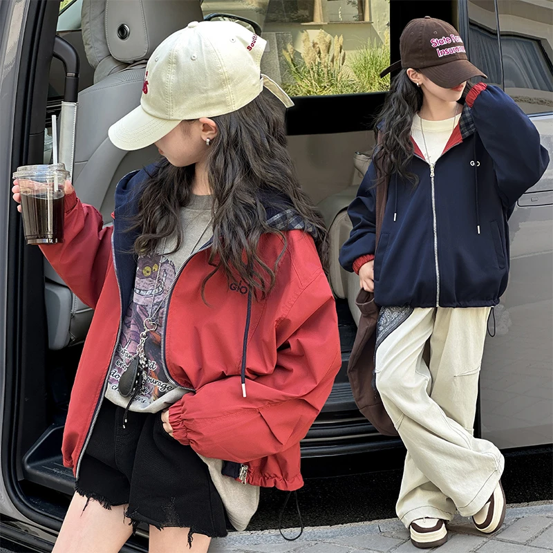 女童两面穿连帽外套春秋运动洋气时尚休闲百搭宽松韩版学生儿童