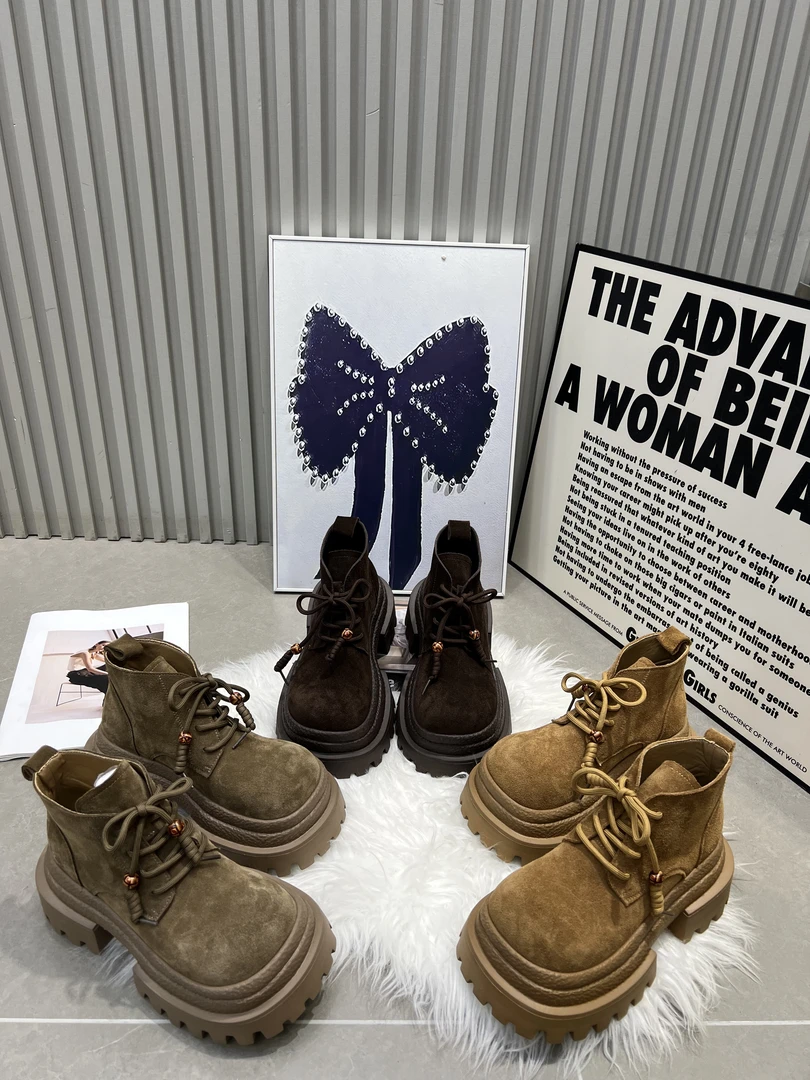 SHIY新款复古真皮马丁靴时尚休闲百搭厚底英伦风高帮系带大黄靴