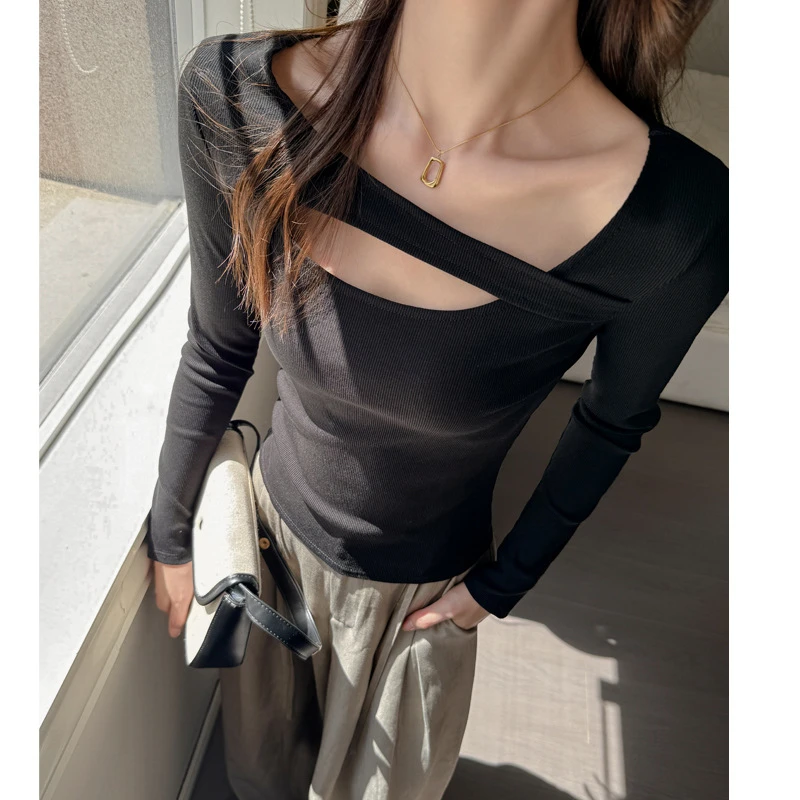 莱赛尔天丝显瘦镂空设计感圆领打底衫女内搭秋冬长袖百搭t恤上衣
