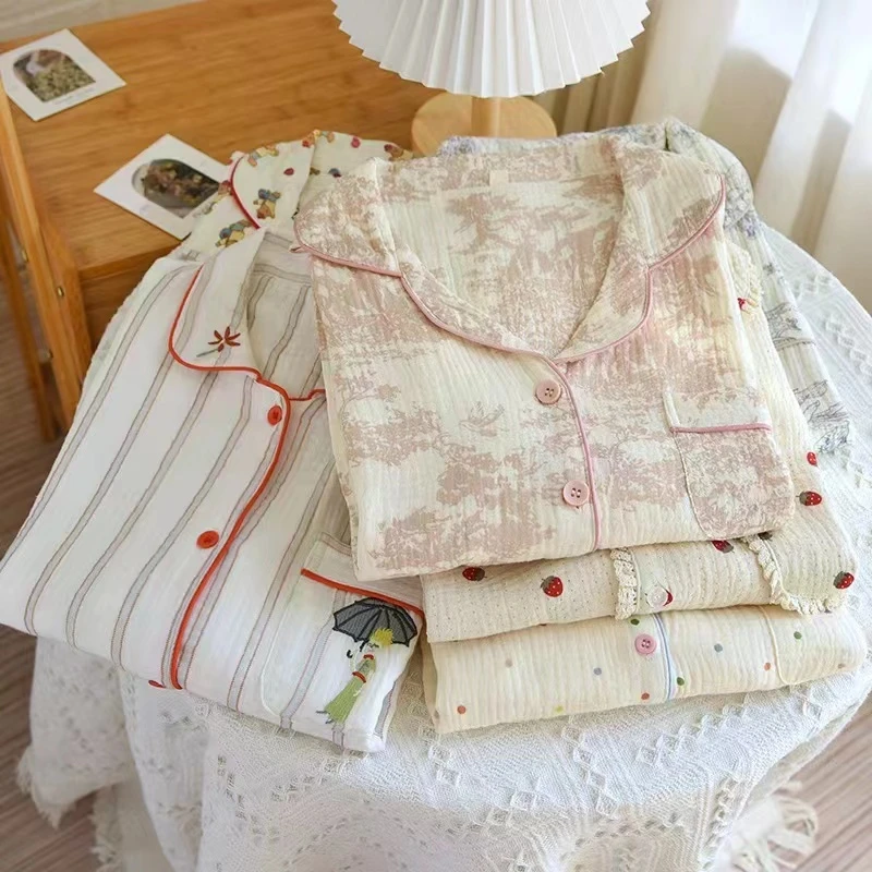 【推荐A类长袖】睡衣女泡泡纱纯棉家居服夏季薄款水洗皱布套装