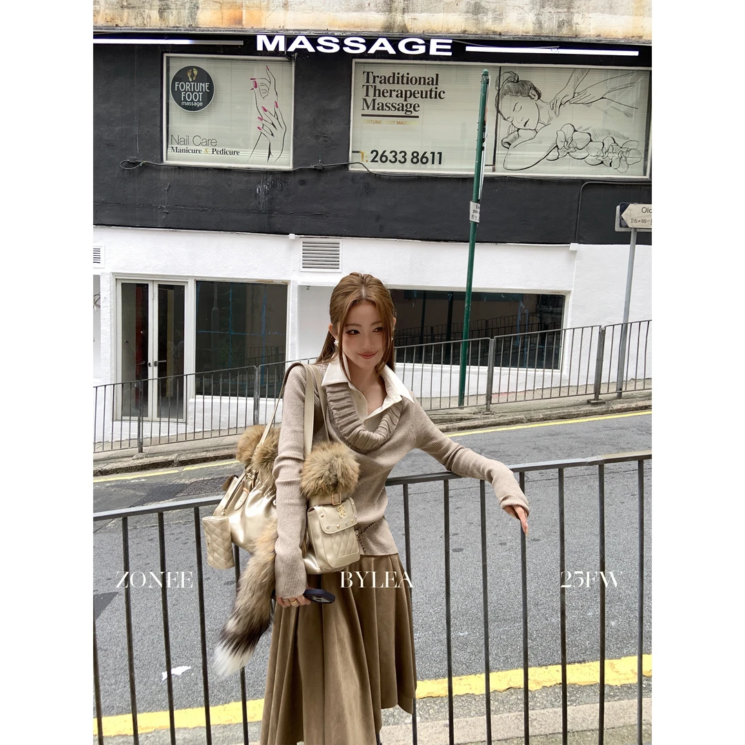 ZONEE 法式原创设计绵羊毛+桑蚕丝领口针织拼接假两件设计针织衫