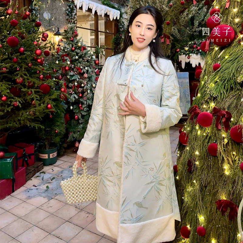 四美子【蓝枝】新中式国风提花双面穿长款外套新款加厚冬季气质A