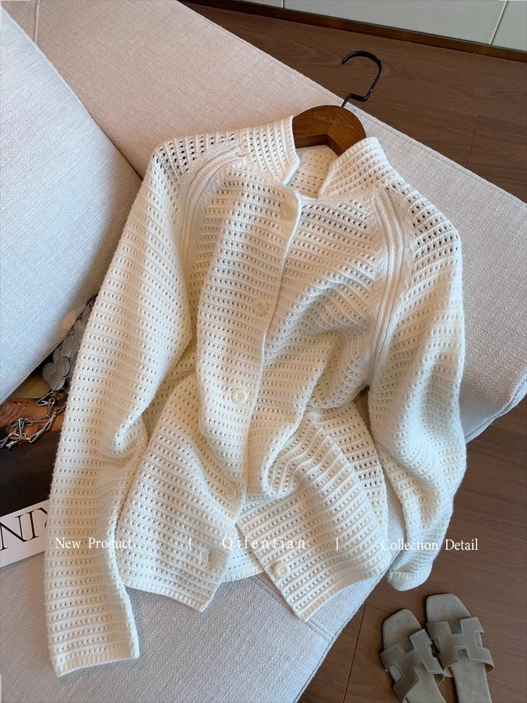 高级感镂空提花插肩袖针织开衫女秋新款简约气质宽松休闲百搭上衣