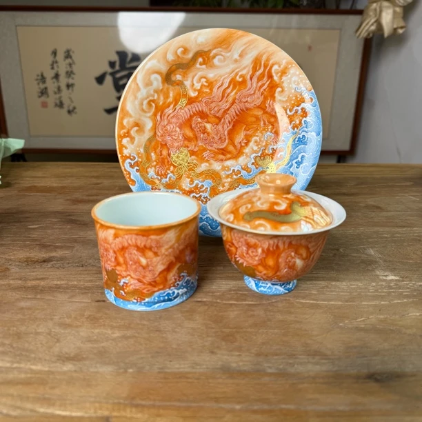 驷九堂事事如意系列矾红双狮三件套容天杯盖碗壶承纯手绘茶具