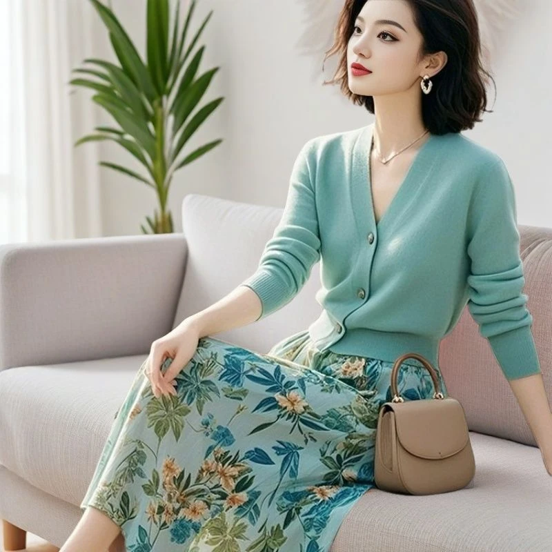 【休闲知性爆款】春夏薄款针织衫ins风中长款遮肚半裙套装X156+Q210