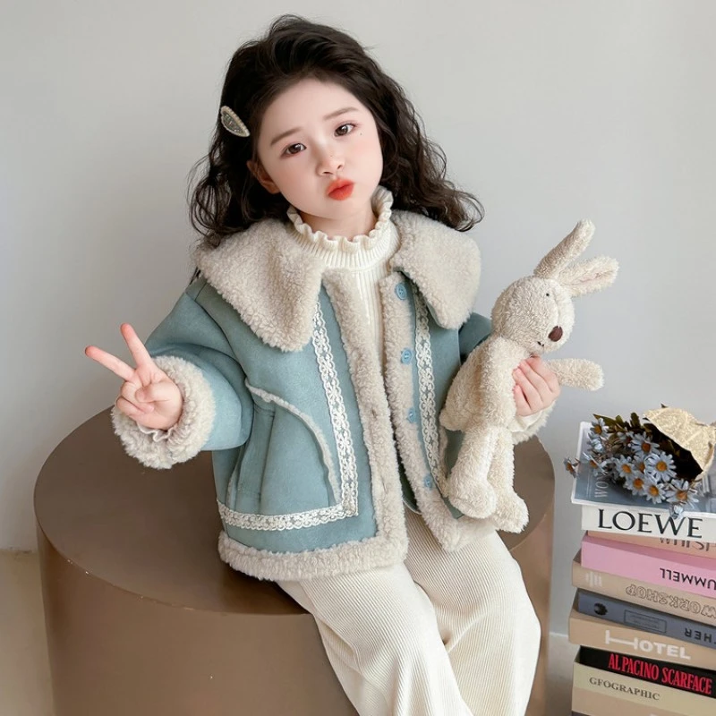 女童加绒韩版秋冬装2025新款女宝宝皮毛一体外套儿童冬季洋气上衣