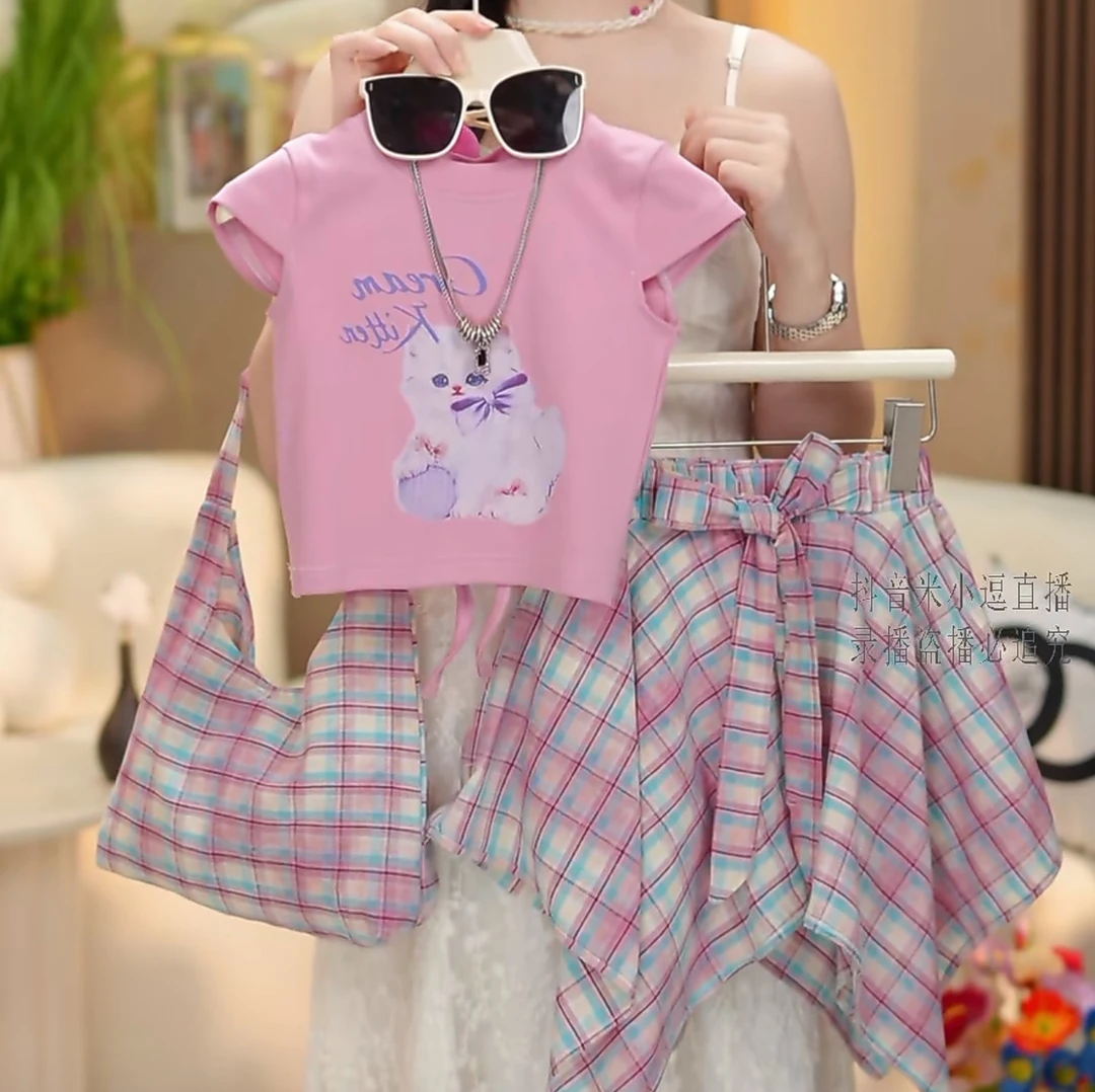 【米小逗】女童装2025洋气薄款时髦夏季时尚粉色蝴蝶结裙裤套装k036