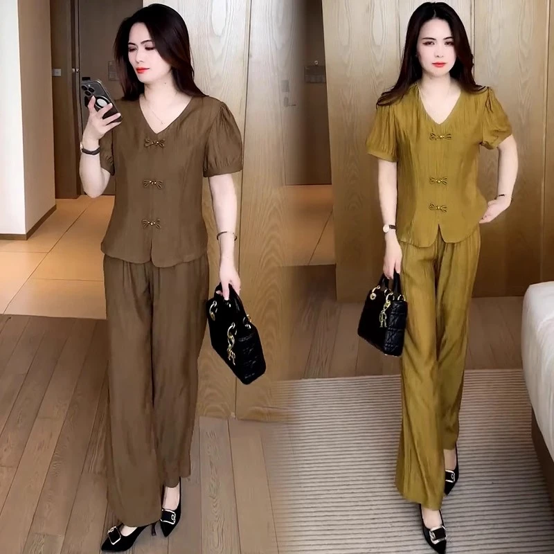 冰丝时尚套装女2025夏季新款洋气显瘦盘扣短袖上衣阔腿裤两件套潮