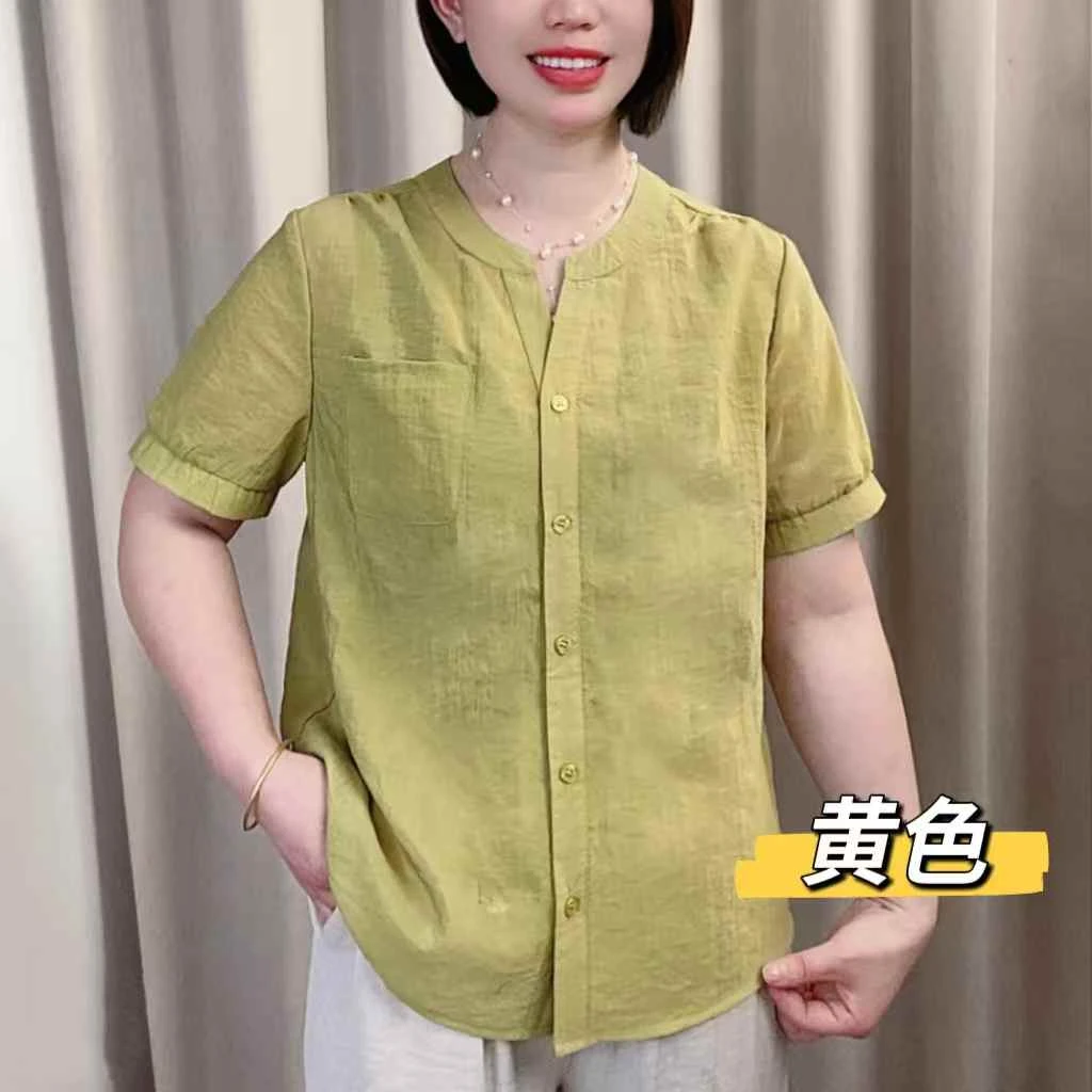 妈妈装时尚纯色型褶皱女装夏装大码百搭半袖麻料上衣女a04