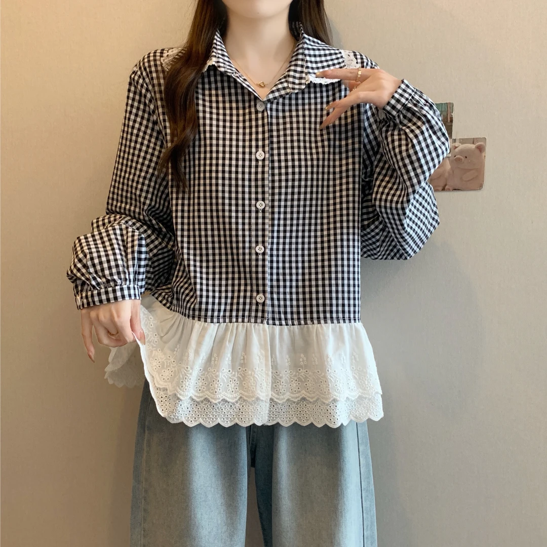 春季新款大码设计级感宽松上衣白色衬衫蕾丝下摆加宽加大女打底衫