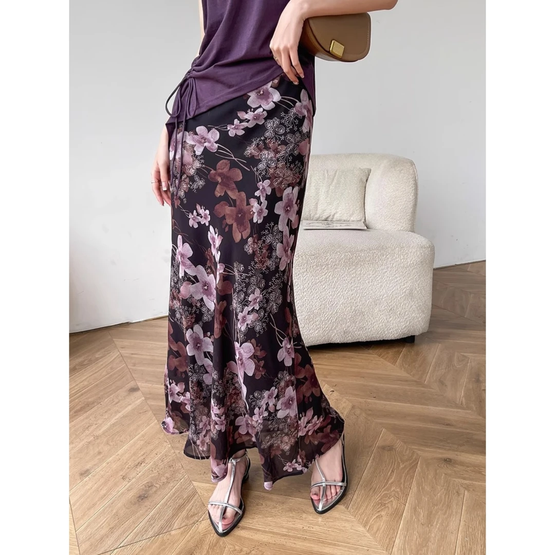 复古紫色雪纺碎花半身裙女2025新款夏季显瘦高腰长款a字鱼尾裙子