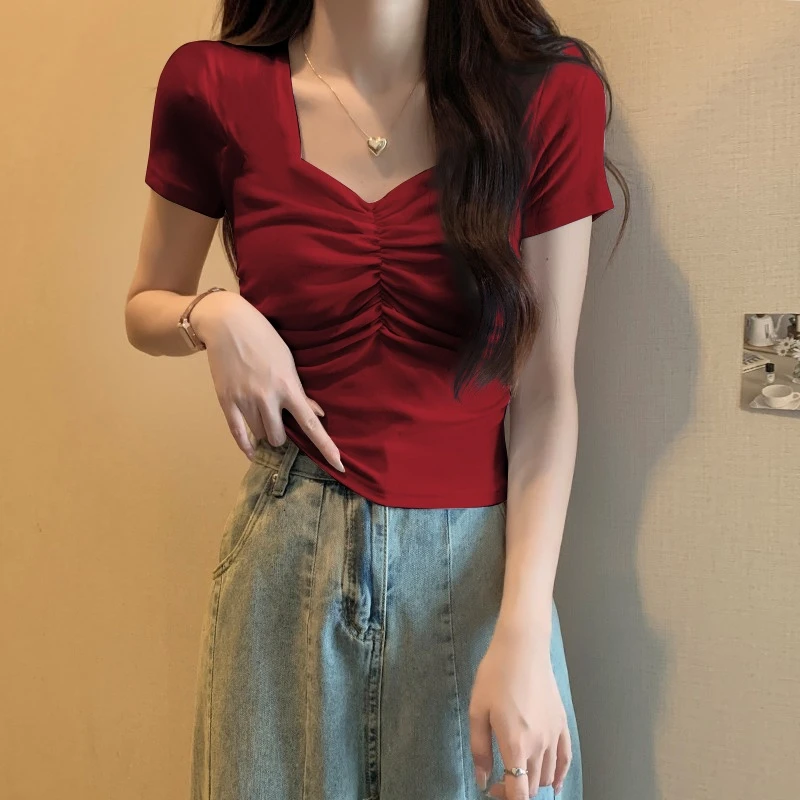 纯棉修身束腰显瘦t恤女短袖小众夏季新款短袖V领纯棉上衣打底衫