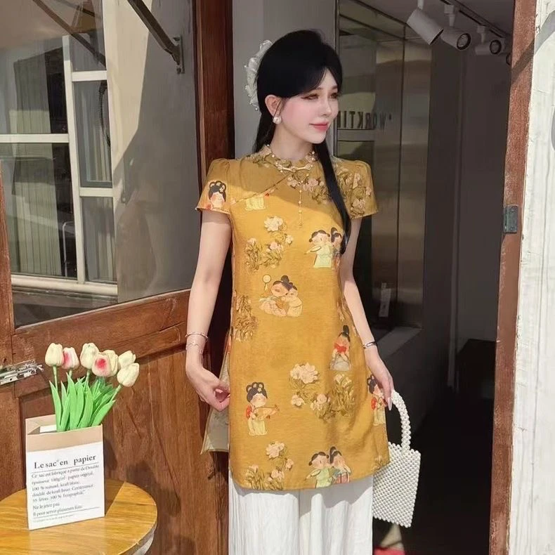 潼潼家【改良旗袍】夏季大码时尚复古国风盘扣改良旗袍阔腿裤套装