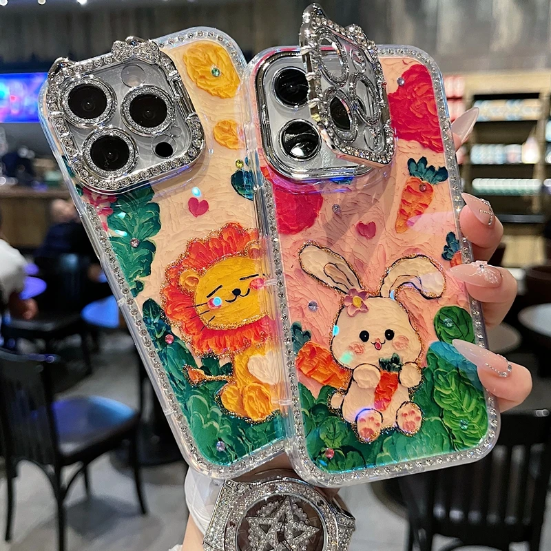 适用苹果系列iPhone16新款手机壳油画萝卜兔子一体支架钻框镜头膜