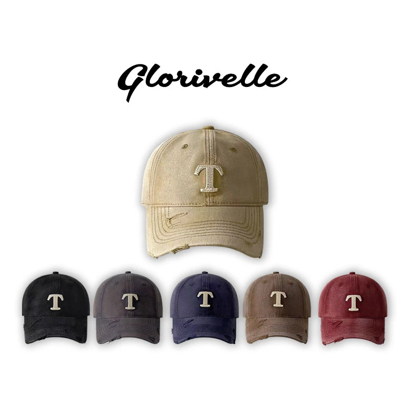 Glorivelle水洗刺绣T字母磨破棒球帽百搭软顶鸭舌帽子潮