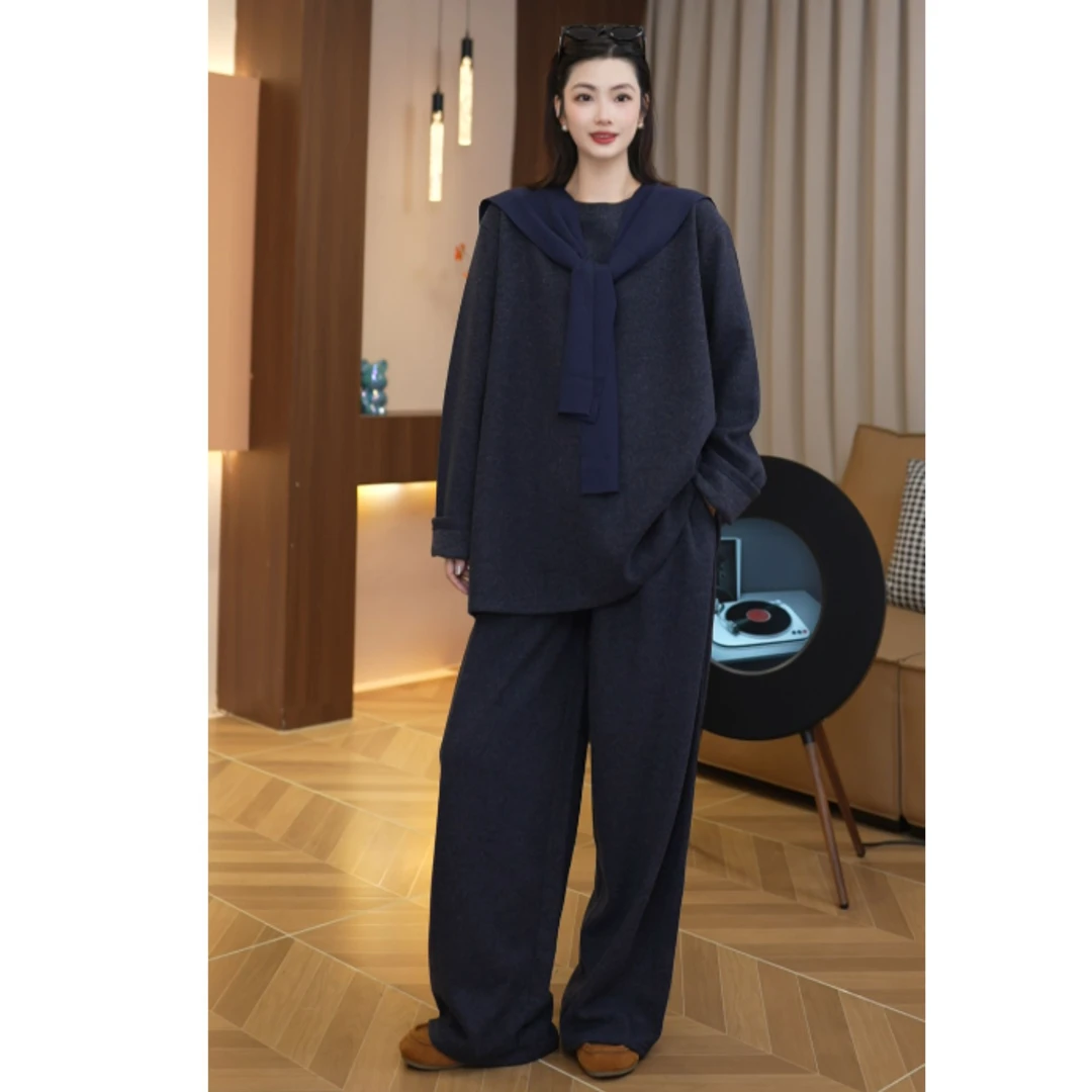 【莫登蒂】加厚冬季气质休闲套装慵懒极简风上衣裤子+披肩三件套