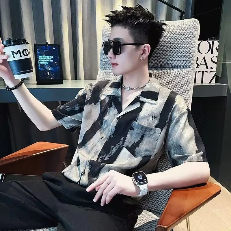 夏季水墨薄款冰丝七分袖衬衣男士潮牌设计高级感短袖衬衫潮流男装