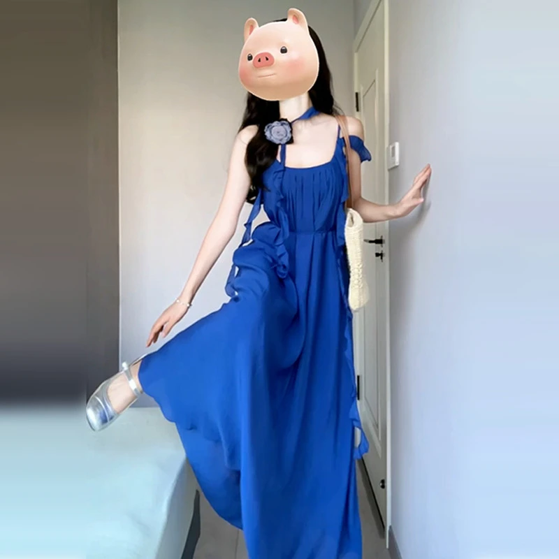 法式吊带克莱因蓝连衣裙女夏长款宽松蓝色海边度假风沙滩背心无袖