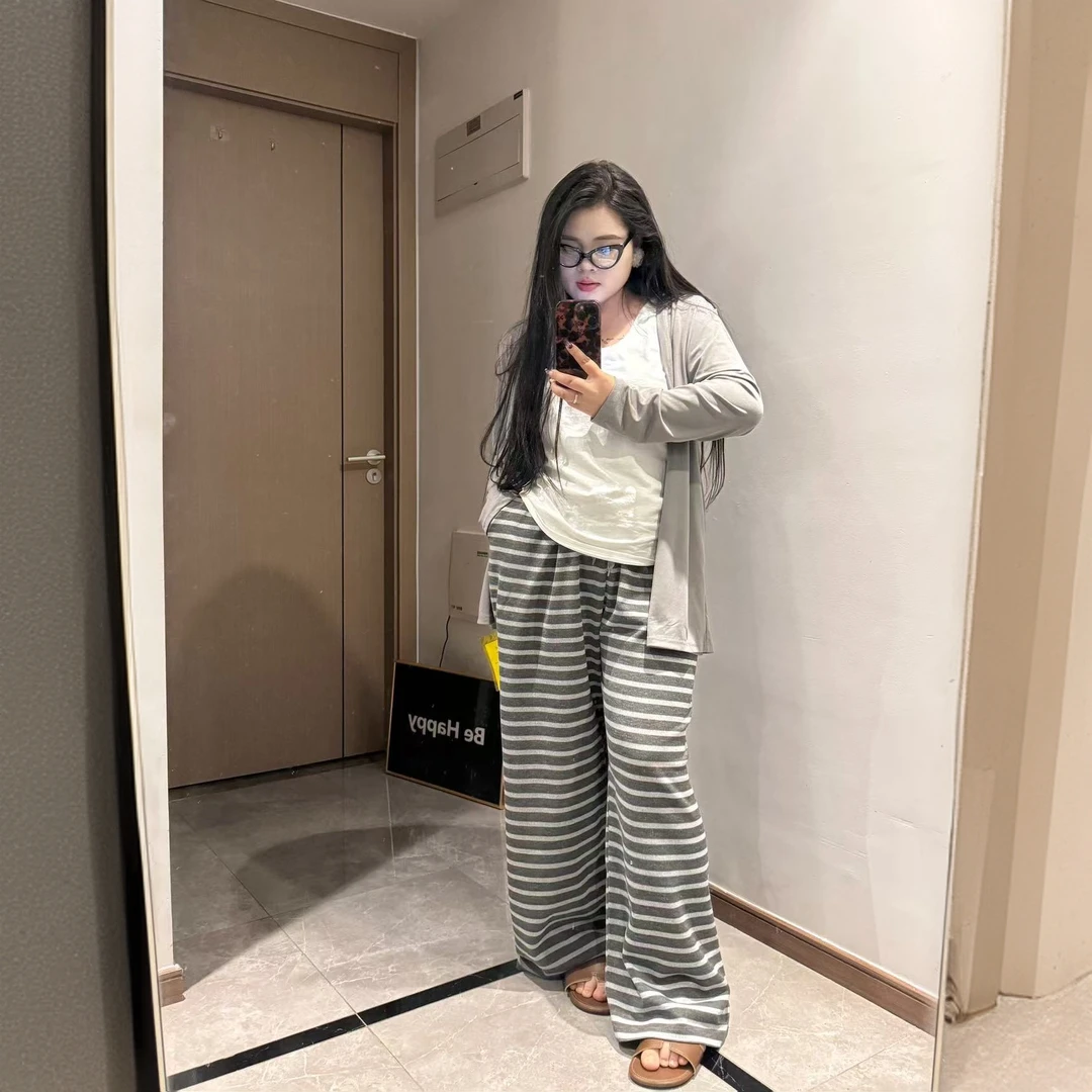 韩系条纹春季3件套宽松大码针织阔腿坠感拖地休闲糯米裤套装