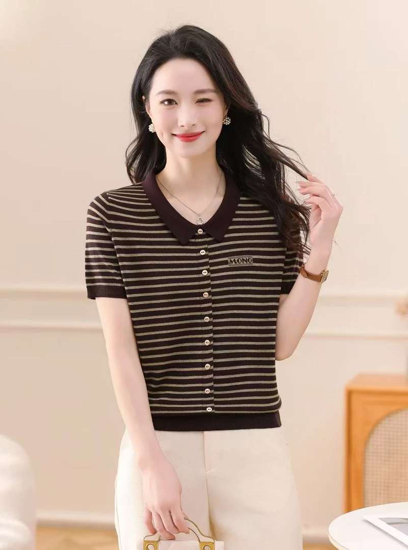 乐久2025新款中老年女装气质翻领条纹羊毛天丝短袖针织衫女士上衣