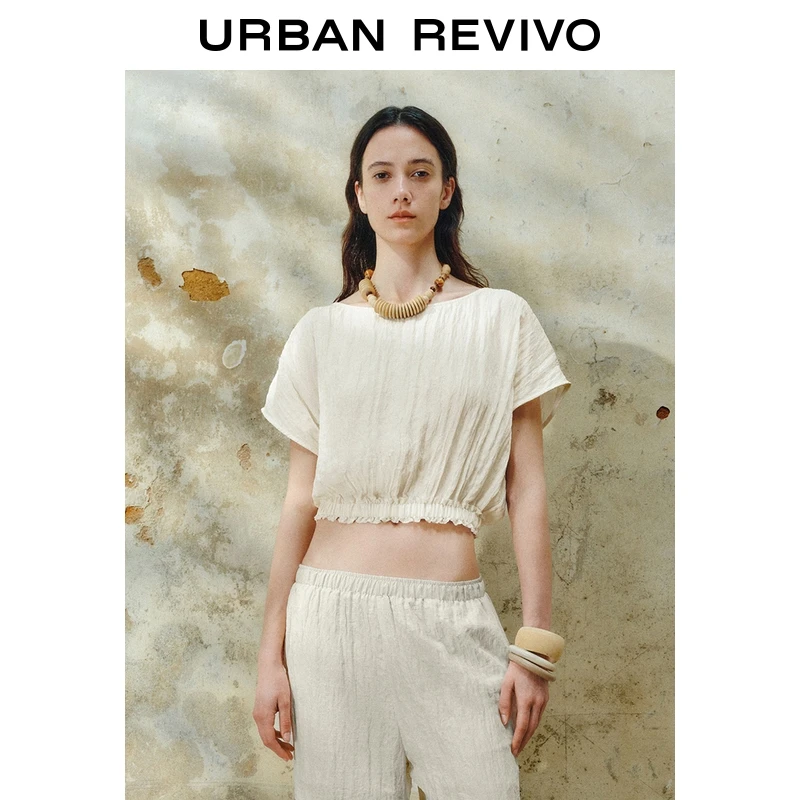 UR2025秋季新款女装褶皱肌理宽松短袖罩衫衬衫UWM250090+