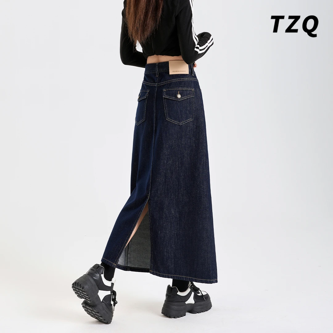 丹宁蓝开叉牛仔半身裙女夏季复古高腰a字中长款包臀裙TZQ2572214