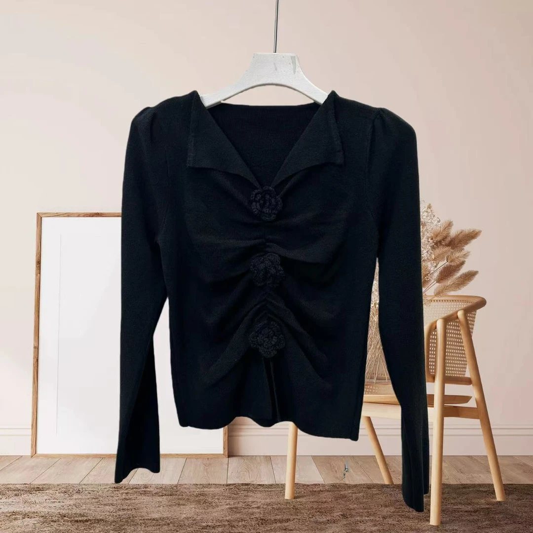 1106毛衣纯色长袖翻领法式女针织毛针织衫黑色打底衫气质开衫